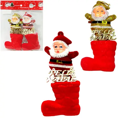 ENFEITE PAPAI NOEL COM BOTA VELUDO DE NATAL COM 2 PECAS 11X5CM