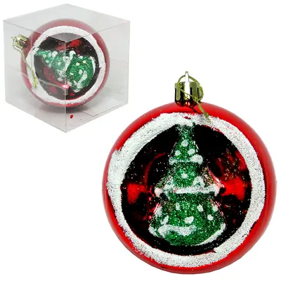 BOLA DE NATAL 8CM DE Ø VERMELHA COM ARVORE 3D NA CAIXA DE PVC