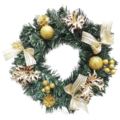 GUIRLANDA VERDE COM BOLAS + PINHAS E AZEVINHOS DOURADO DE NATAL 30CM DE Ø