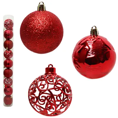 BOLA DE NATAL 6CM DE Ø VERMELHA MISTA GLITTER / ESTRELA ALTO RELEVO ARABESCO VAZADO 9 PECAS NO TUBO