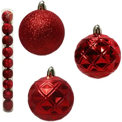 BOLA DE NATAL 6CM DE Ø VERMELHA MISTA GLITTER / RELEVO FOSCA / BRILHO COM 9 PECAS NO TUBO