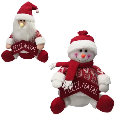 ENFEITE PAPAI NOEL / BONECO DE NEVE SENTADO LISTRAS VERMELHO DE NATAL 30CM