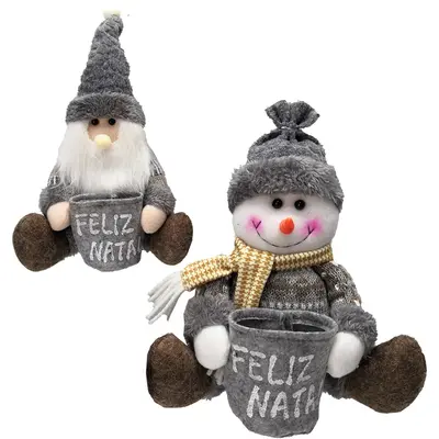 ENFEITE PAPAI NOEL / BONECO DE NEVE SENTADO COM SACO FELIZ NATAL CZ 22X17CM