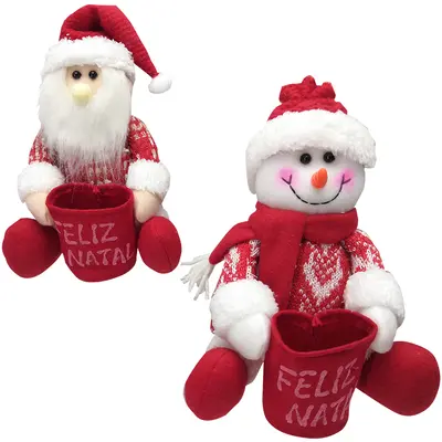 ENFEITE PAPAI NOEL / BONECO DE NEVE SENTADO COM SACO FELIZ NATAL VM 22X17CM