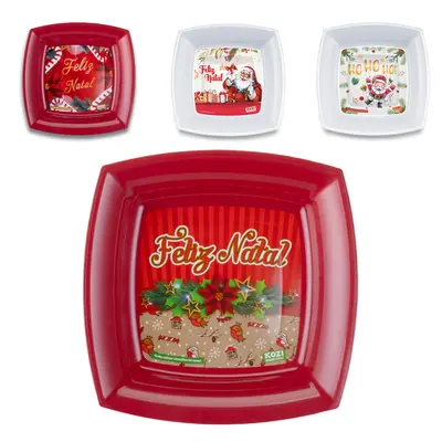 PRATO DE PLASTICO QUADRADO FELIZ NATAL 18CM