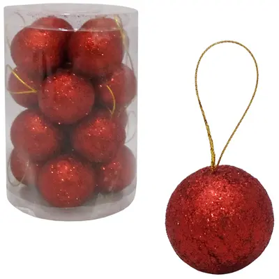 BOLA DE NATAL 4CM DE Ø VERMELHA GLITTER COM 16 PECAS NO TUBO
