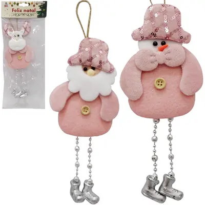 PENDENTE PAPAI NOEL / BONECO NEVE / RENA ROSA PERNA CORDAO BOTA 20X8CM