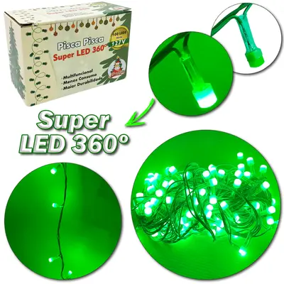 PISCA 100 LEDS VERDE SUPER LED 360 127V 9M 8 FUNCOES FIO VERDE