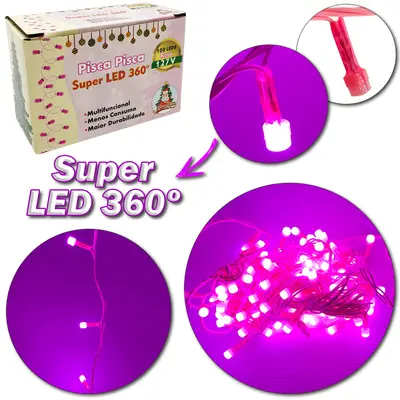 PISCA 100 LEDS ROSA SUPER LED 360 127V 9M 8 FUNCOES FIO ROSA