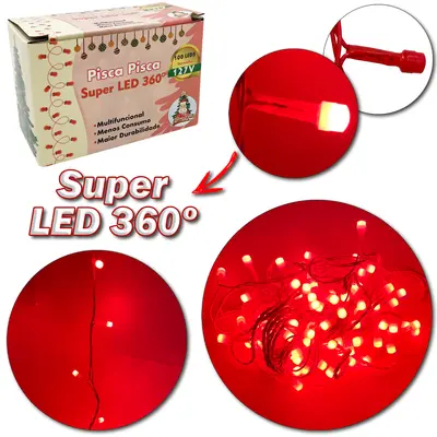 PISCA 100 LEDS VERMELHO SUPER LED 360 127V 9M 8 FUNCOES FIO VERMELHO