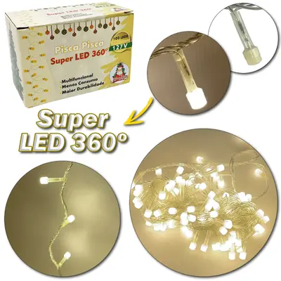 PISCA 100 LEDS BRANCO QUENTE SUPER LED 360 127V 9M 8 FUNCOES FIO TRANSPARENTE