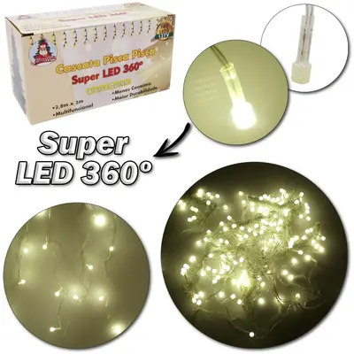 CASCATA 180 LEDS BRANCO QUENTE SUPER LED 360 DE NATAL 127V 2,8X2M 8 FUNCOES FIO TRANSPARENTE