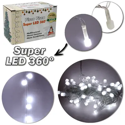 PISCA 100 LEDS BRANCO FRIO SUPER LED 360 127V 9M 8 FUNCOES FIO TRANSPARENTE