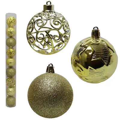 BOLA DE NATAL 6CM DE Ø DOURADA MISTA GLITTER / ESTRELA ALTO RELEVO ARABESCO VAZADO 9 PECAS NO TUBO