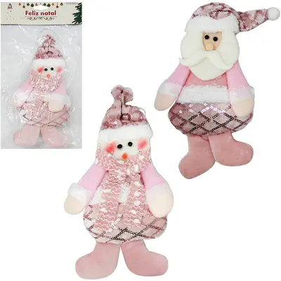 ENFEITE DE PENDURAR PAPAI NOEL / BONECO NEVE COM LANTEJOULA ROSA DE NATAL 22X13CM