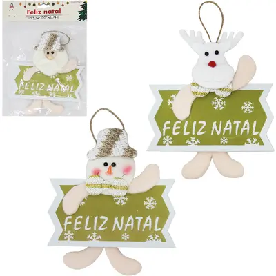 PENDENTE PAPAI NOEL / BONECO NEVE / RENA COM PLACA FELIZ NATAL DOURADO 19X15CM