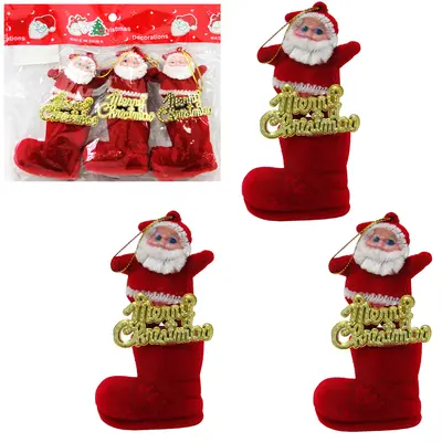 ENFEITE PAPAI NOEL COM BOTA VELUDO DE NATAL COM 3 PECAS 8X4CM