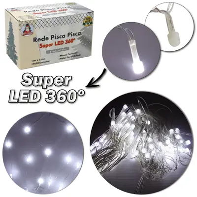 REDE 120 LEDS BRANCO FRIO SUPER LED 360 127V 3MX55CM 8 FUNCOES FIO TRANSPARENTE