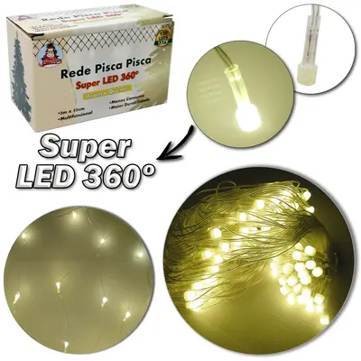 REDE 120 LEDS BRANCO QUENTE SUPER LED 360 127V 3MX55CM 8 FUNCOES FIO TRANSPARENTE