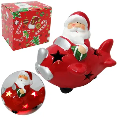ENFEITE AVIAOZINHO COM PAPAI NOEL DE NATAL DE PORCELANA E LUZ 10,5X9,3CM