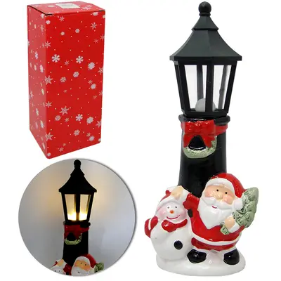 ENFEITE POSTE LAMPARINA DE PORCELANA COM PAPAI NOEL / BONECO NEVE COM LUZ DE NATAL 24CM
