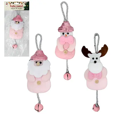 PENDENTE PAPAI NOEL / BONECO NEVE / RENA ROSA COM GUIZO 22X8CM
