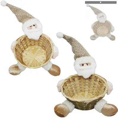 ENFEITE PAPAI NOEL SENTADO COM CESTA DE PALHA REDONDO DOURADO DE NATAL 25X22CM