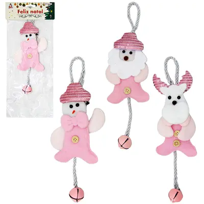 PENDENTE PAPAI NOEL / BONECO NEVE / RENA ROSA LANTEJOULA COM GUIZO 18X9CM