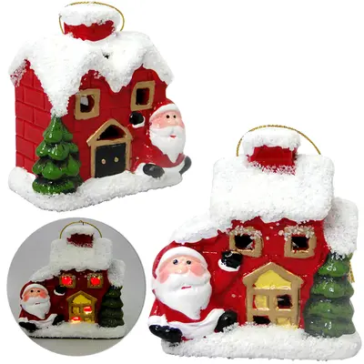 ENFEITE PAPAI NOEL CASA COM ARVORE DE PORCELANA DE NATAL COM LUZ 8,5X8X5CM