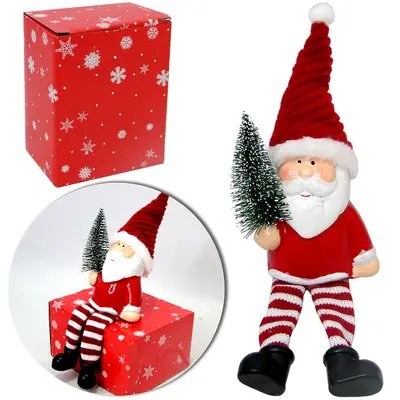 PAPAI NOEL DE CERAMICA SENTADO COM ARVORE E PERNA DE TECIDO DE NATAL 21X13CM