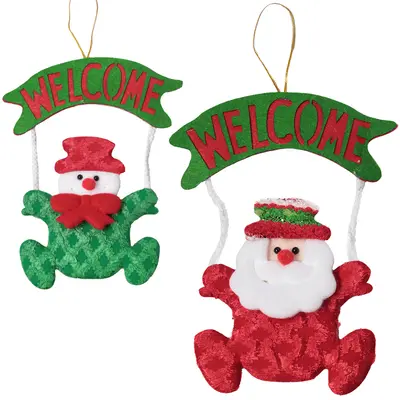 PENDENTE PLACA WELCOME PAPAI NOEL / BONECO DE NEVE DE NATAL VERDE / VERMELHO 19X16CM