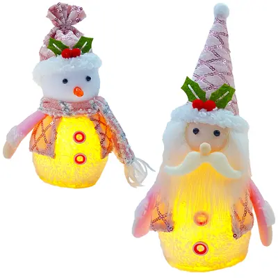 PAPAI NOEL / BONECO DE NEVE XADREZ ROSA DE NATAL COM LED A BATERIA 25X12CM DE Ø