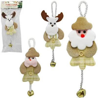 PENDENTE PAPAI NOEL / BONECO NEVE / RENA DOURADO CROCHE COM GUIZO 22X9CM
