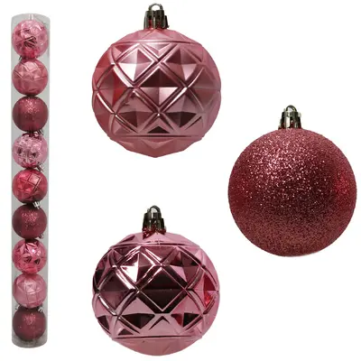 BOLA DE NATAL 6CM DE Ø ROSE MISTA GLITTER / RELEVO FOSCA / BRILHO COM 9 PECAS NO TUBO
