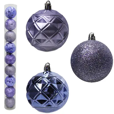 BOLA DE NATAL 6CM DE Ø LILAS MISTA GLITTER / RELEVO FOSCA / BRILHO COM 9 PECAS NO TUBO