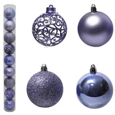 BOLA DE NATAL 6CM DE Ø LILAS MISTA GLITTER / FOSCA / BRILHO ARABESCO VAZADO COM 9 PECAS NO TUBO