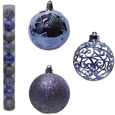 BOLA DE NATAL 6CM DE Ø LILAS MISTA GLITTER / ESTRELA ALTO RELEVO ARABESCO VAZADO 9 PECAS NO TUBO