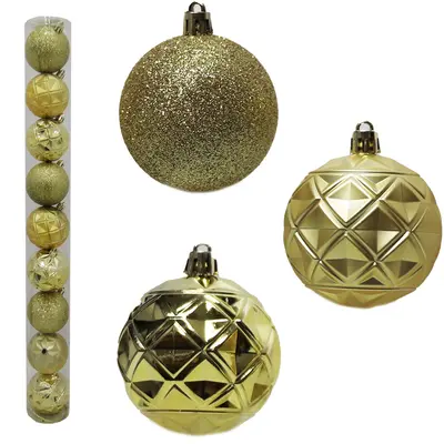BOLA DE NATAL 6CM DE Ø DOURADA MISTA GLITTER / RELEVO FOSCA / BRILHO COM 9 PECAS NO TUBO