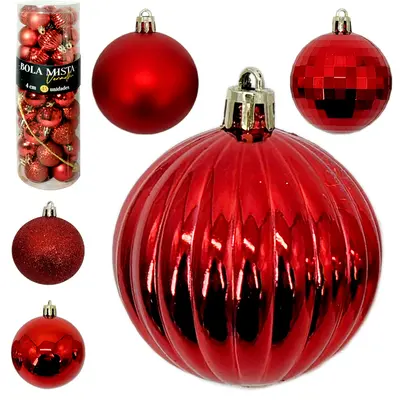 BOLA DE NATAL 4CM DE Ø VERMELHA MISTA FOSCA / LISA / GLITTER / GLOBINHO / TEXTURADA COM 45 PECAS NO TUBO