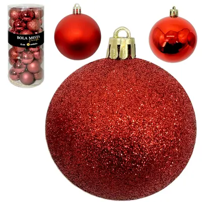BOLA DE NATAL 6CM DE Ø VERMELHA MISTA FOSCA / LISA / GLITTER COM 35 PECAS NO TUBO