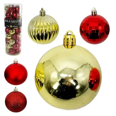 BOLA DE NATAL 4CM DE Ø VERMELHA E DOURADA MISTA FOSCA / LISA / GLITTER / GLOBINHO / TEXTURADA COM 45 PECAS NO TUBO