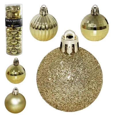 BOLA DE NATAL 4CM DE Ø DOURADA MISTA FOSCA / LISA / GLITTER / GLOBINHO / TEXTURADA COM 45 PECAS NO TUBO