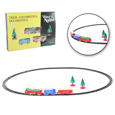 TREM LOCOMOTIVA COM TRILHO A PILHA NATALINO COM LED 17 PECAS 85X67CM