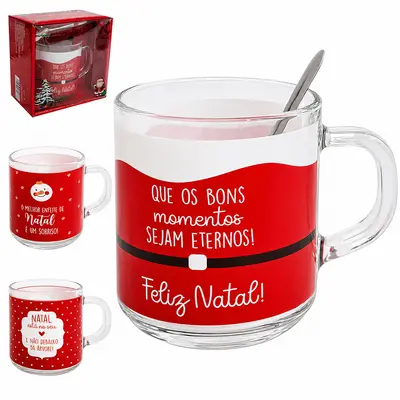 CANECA XICARA DE VIDRO DE NATAL 250ML + COLHER NA CAIXA