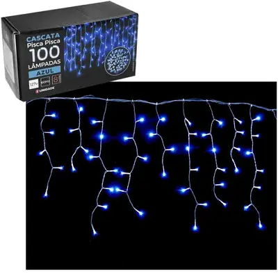 CASCATA 100 LEDS AZUL DE NATAL 127V 60HZ 8 FUNCOES 2,25MX56CM FIO TRANSPARENTE