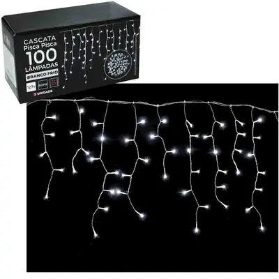 CASCATA 100 LEDS BRANCO FRIO DE NATAL 127V 60HZ 8 FUNCOES 2,25MX56CM FIO TRANSPARENTE