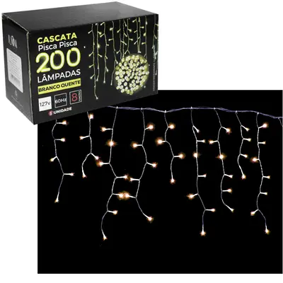CASCATA 200 LEDS BRANCO QUENTE DE NATAL 127V 8 FUNCOES 4,5MX56CM