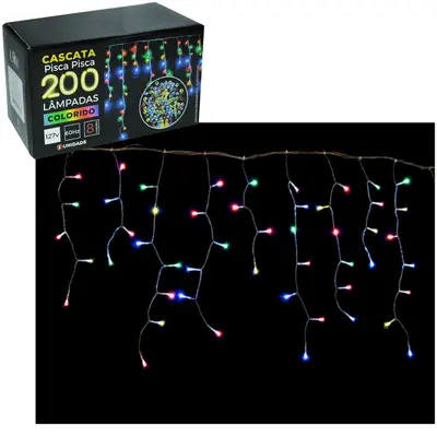 CASCATA 200 LEDS COLORS DE NATAL 127V 60HZ 8 FUNCOES 4,5MX56CM FIO TRANSPARENTE