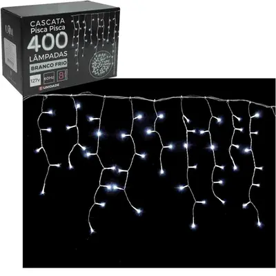 CASCATA 400 LEDS BRANCO FRIO DE NATAL 127V 60HZ 8 FUNCOES 9,5M FIO TRANSPARENTE