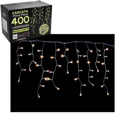 CASCATA 400 LEDS BRANCO QUENTE DE NATAL 127V 60HZ 8 FUNCOES 9,5M FIO TRANSPARENTE